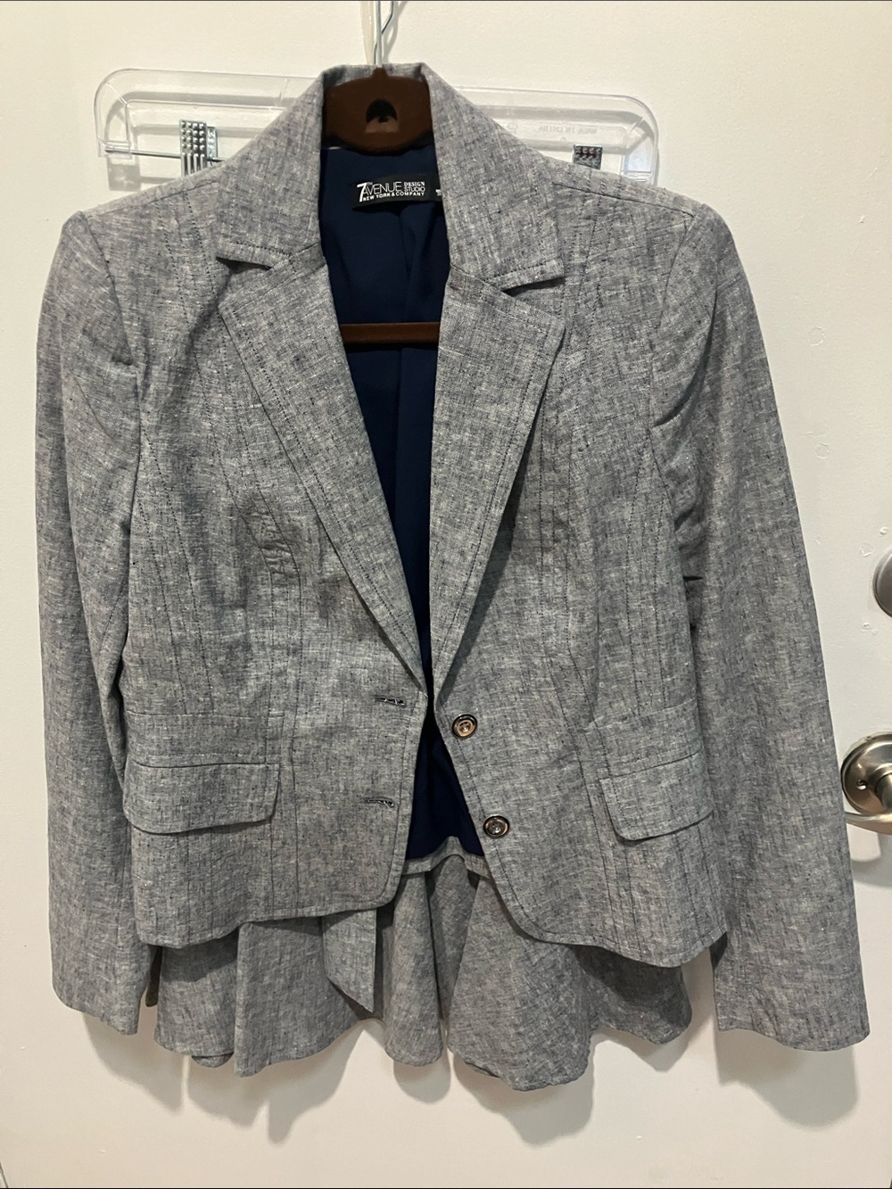 New York & Company Gray  blue Asymmetrical Tie-Waist Ruffle skirt and jacket